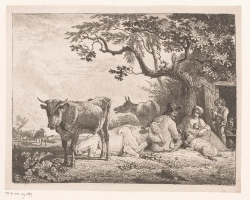 Rustend herdersgezin met kudde by Jean Baptiste de Roy, print, 1769-1839