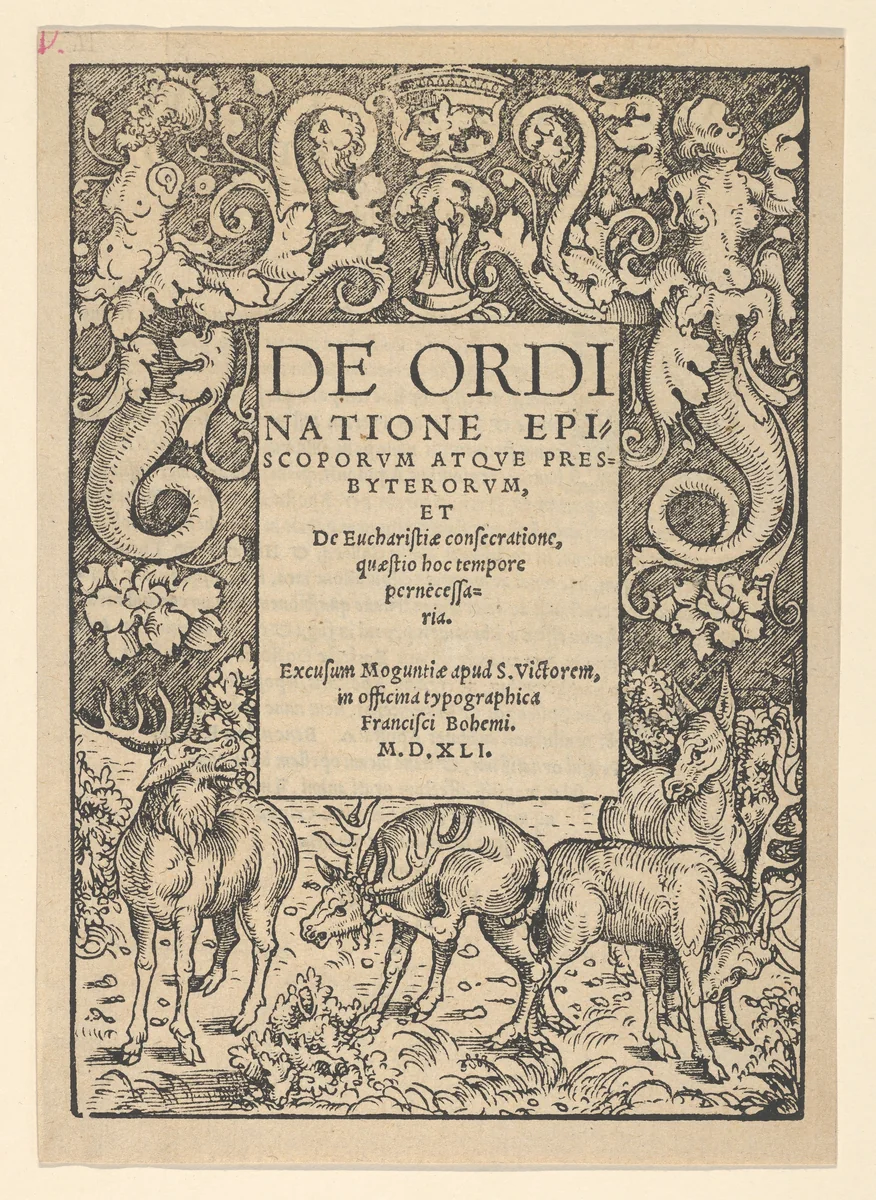 Title-Boarder with Three Stags and a Hind by Hans Cranach, print, 1472-1553