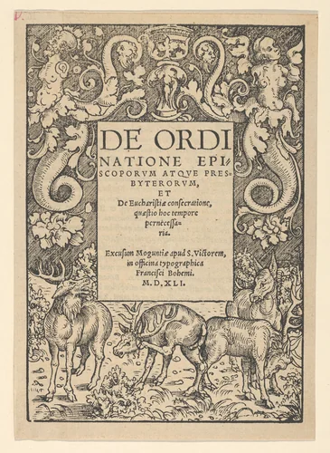 Title-Boarder with Three Stags and a Hind by Hans Cranach, print, 1472-1553