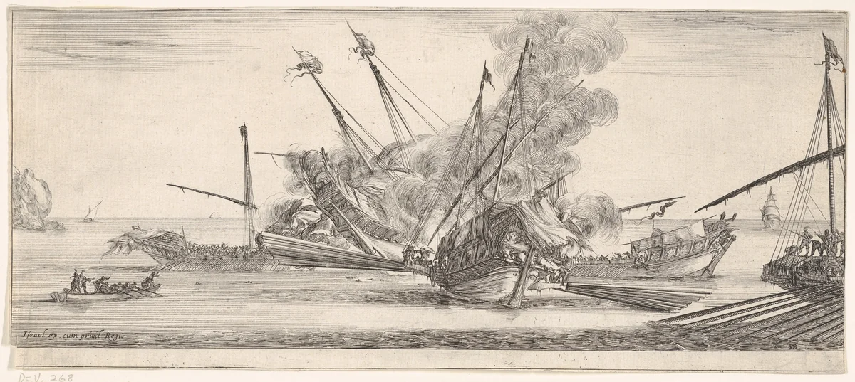 Naval combat, a ship at center, seen from behind, firing at four enemy ships, another ship entering from the right, a rowboat with nine people to left, from "Peace and War" (Divers desseins tant pour la paix que pour la guerre) by Stefano della Bella, print, 1638-1643