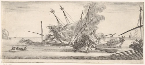 Naval combat, a ship at center, seen from behind, firing at four enemy ships, another ship entering from the right, a rowboat with nine people to left, from "Peace and War" (Divers desseins tant pour la paix que pour la guerre) by Stefano della Bella, print, 1638-1643