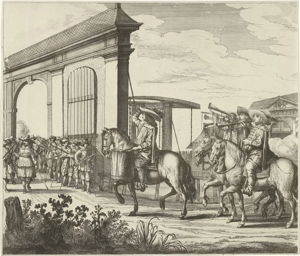 Intocht van Maria Henrietta Stuart, prinses van Oranje te Amsterdam (plaat 1) by Pieter Nolpe, print, 1660-1662