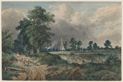 A Drover with Sheep, a Church Beyond by Frederick William Watts, drawing, 1830-1862
