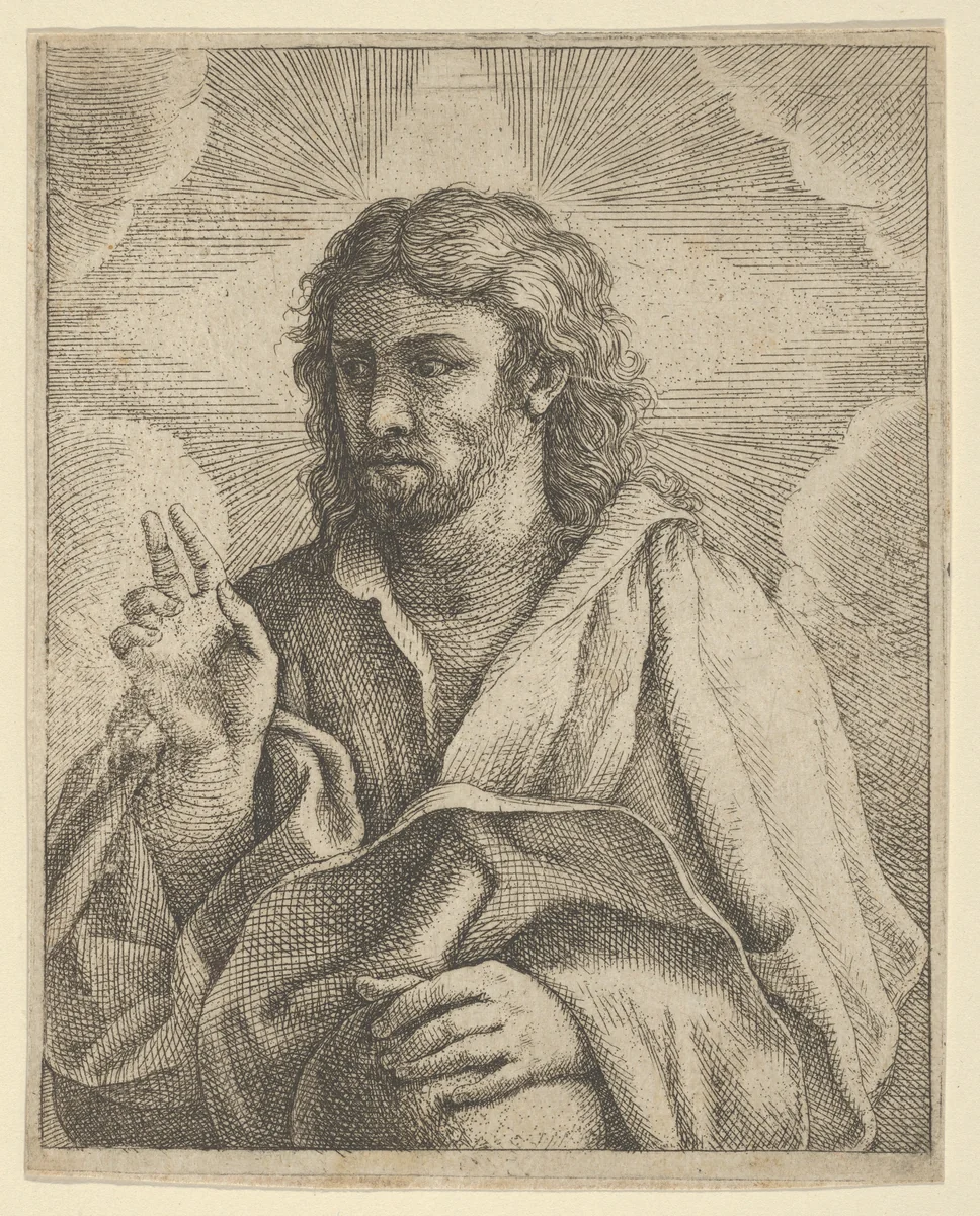 Christ holding a globe, looking to the left and making the sign of blessing with his right hand, clouds behind him, after Reni (?) by anonymous, print, 1600-1699