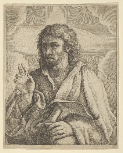 Christ holding a globe, looking to the left and making the sign of blessing with his right hand, clouds behind him, after Reni (?) by anonymous, print, 1600-1699