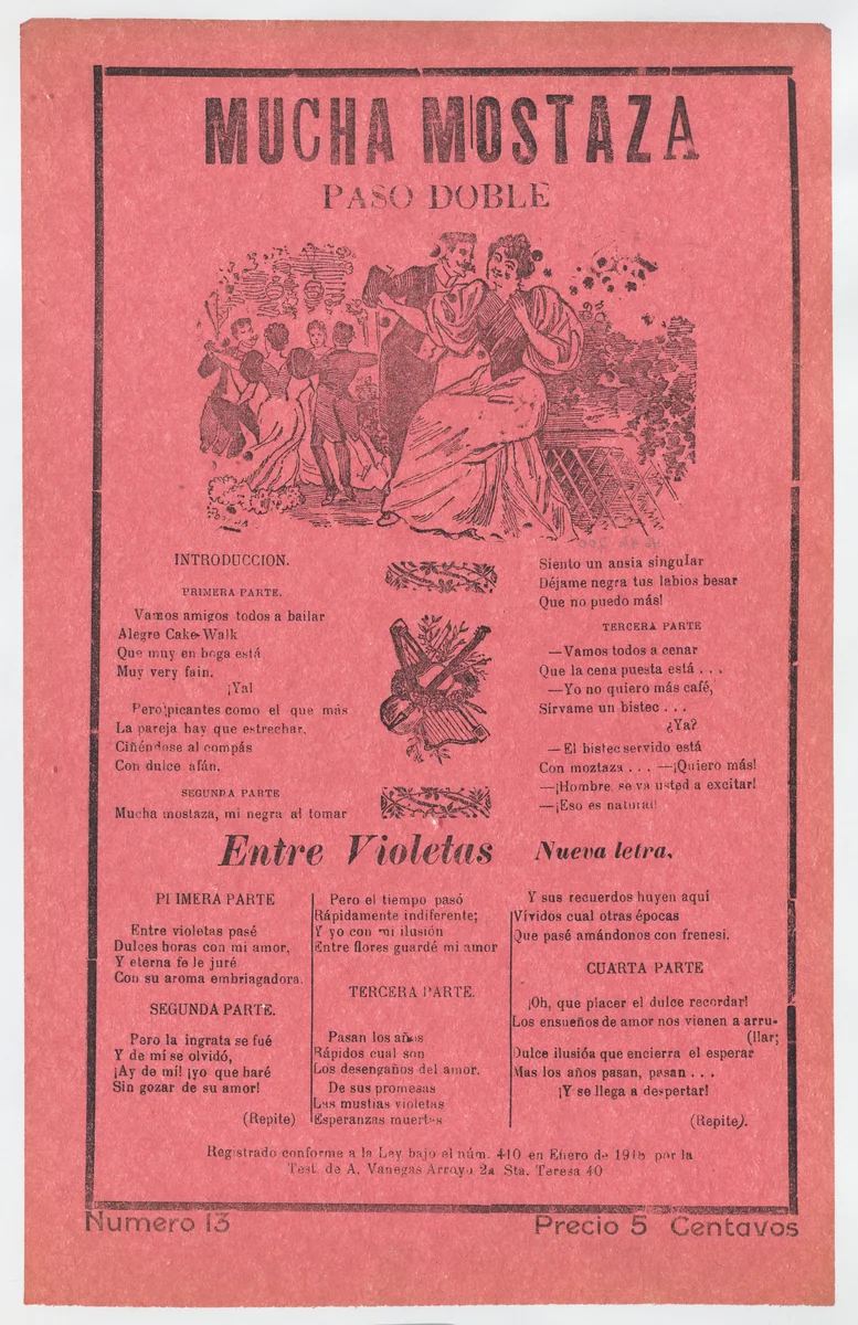 Broadsheet with songs for a two-step dance (paso doble), a man and woman talking while elegantly dressed couples dance in the background by José Guadalupe Posada, print, 1913-1923