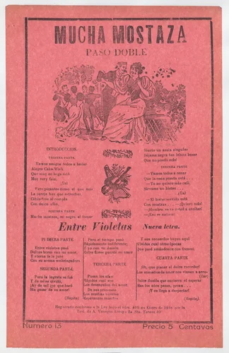 Broadsheet with songs for a two-step dance (paso doble), a man and woman talking while elegantly dressed couples dance in the background by José Guadalupe Posada, print, 1913-1923