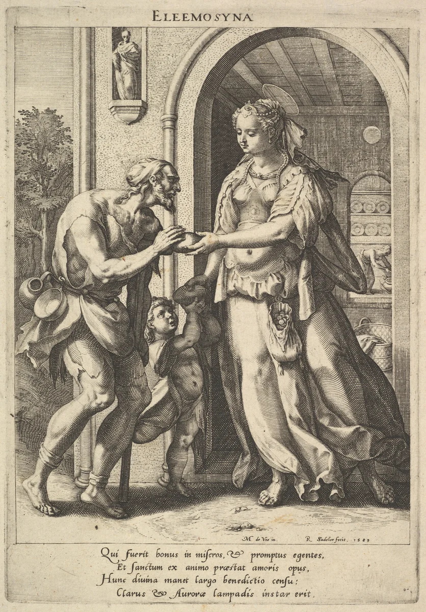 Alms-giving, from "Christian Virtues" by Raphael Sadeler I, print, 1589