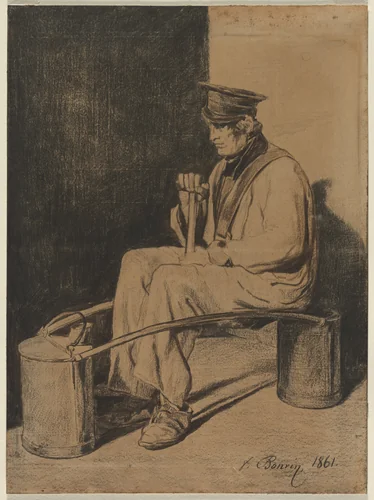 Water Carrier Seated on His Yoke by François Bonvin, drawing, 1861