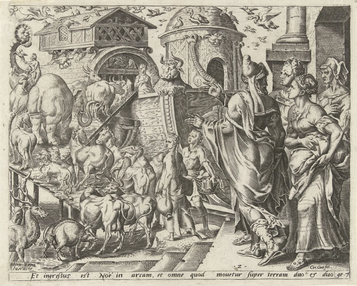 Noach gaat met zijn familie en de dieren aan boord van de ark by Unknown, print, 1559-1601