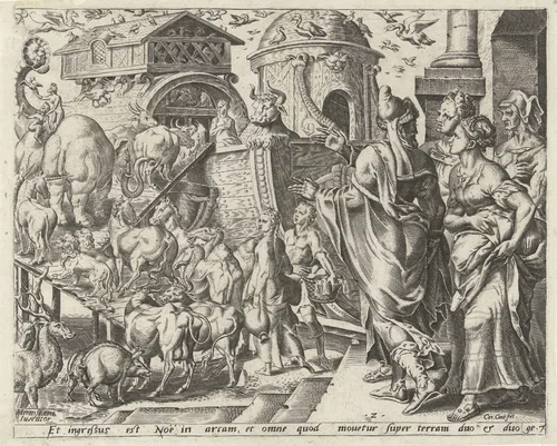Noach gaat met zijn familie en de dieren aan boord van de ark by Unknown, print, 1559-1601