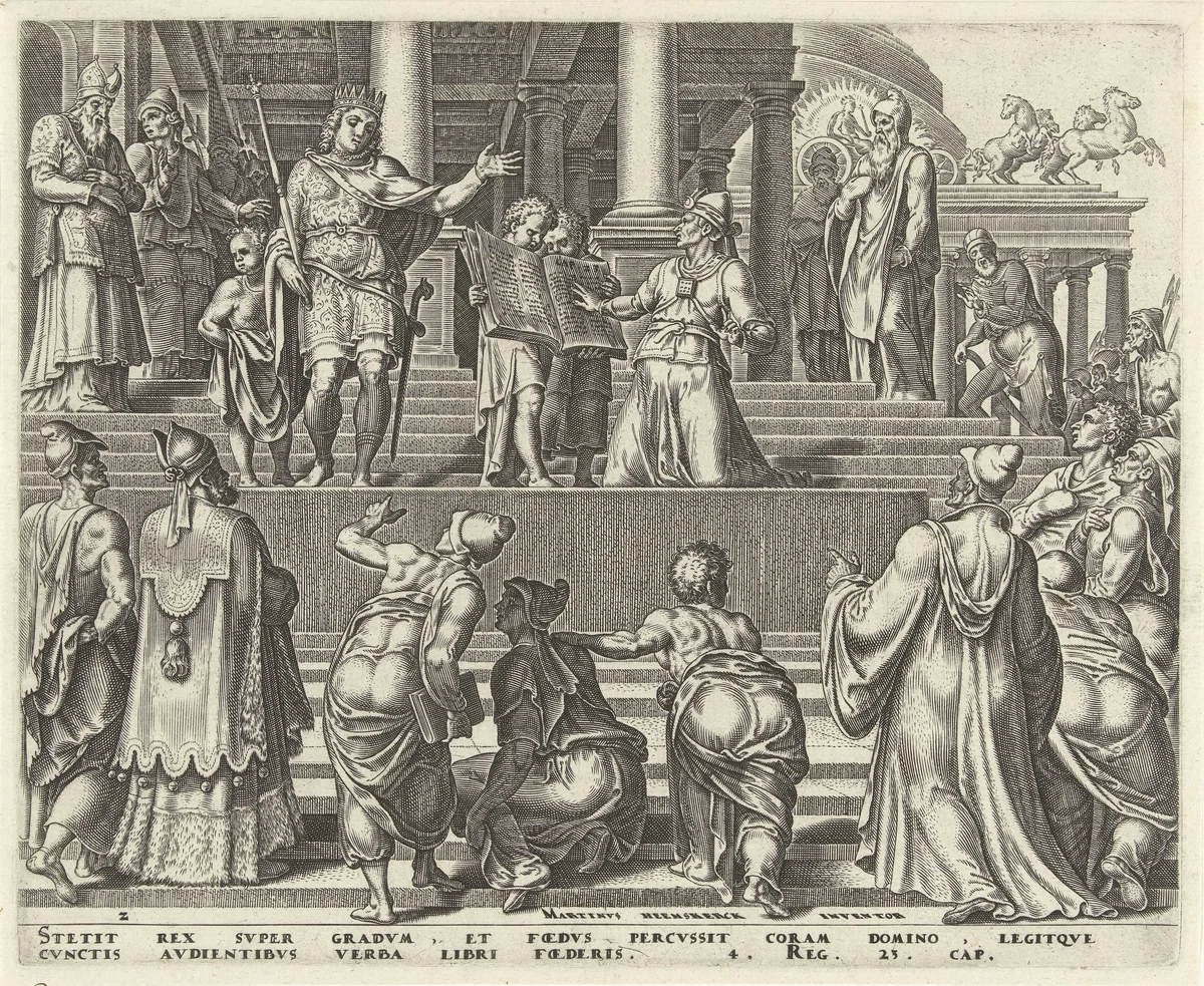 Koning Josia laat het wetboek aan het volk voorlezen by Philips Galle, print, 1569
