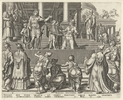Koning Josia laat het wetboek aan het volk voorlezen by Philips Galle, print, 1569