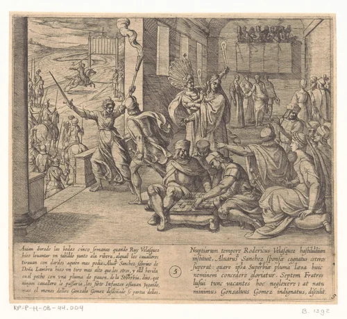 Tijdens de bruiloft daagt doña Lambra de ridders uit haar neef te overtreffen in het spel met de lansen by Antonio Tempesta, print, 1612