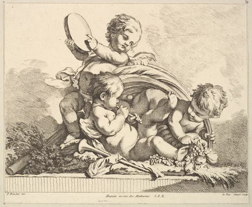 Three Cupids, Two Playing Music, One Holding Palm Leaves by Louis Félix de La Rue, print, 1731-1765