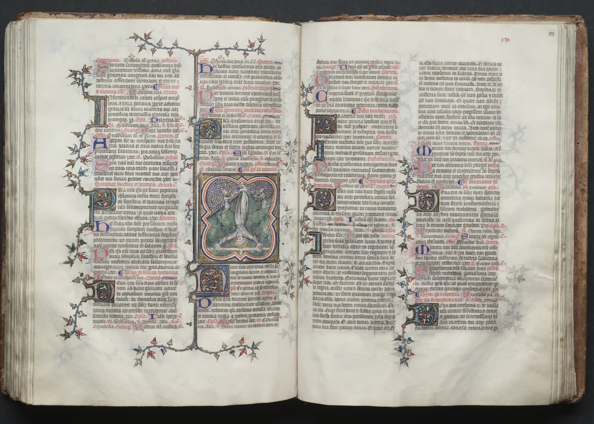 The Gotha Missal: Fol. 117v, St. Peter Tied Upside Down to Cross by Master of the Boqueteaux, book, 1370-1380