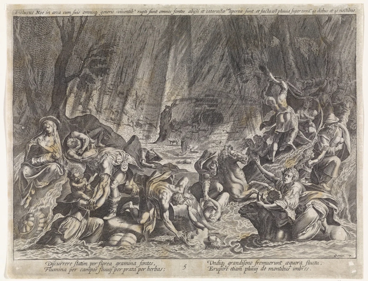 Begin van de zondvloed by anonymous, print, 1586-1636