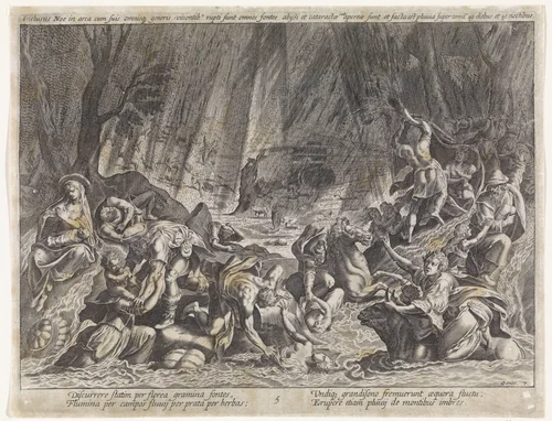 Begin van de zondvloed by anonymous, print, 1586-1636