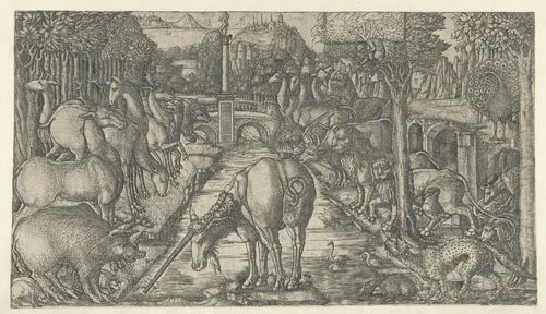 De eenhoorn zuivert het water met zijn hoorn by Unknown, print, 1540-1551