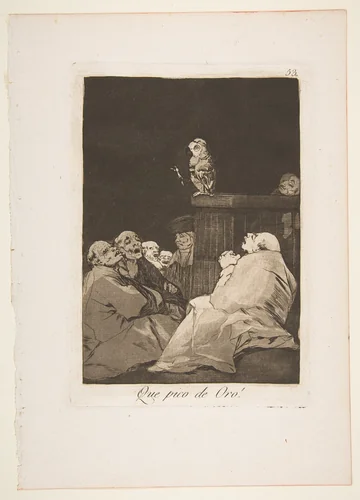 Plate 53 from "Los Caprichos": What a golden beak! (Que pico de Oro!) by Goya, print, 1799