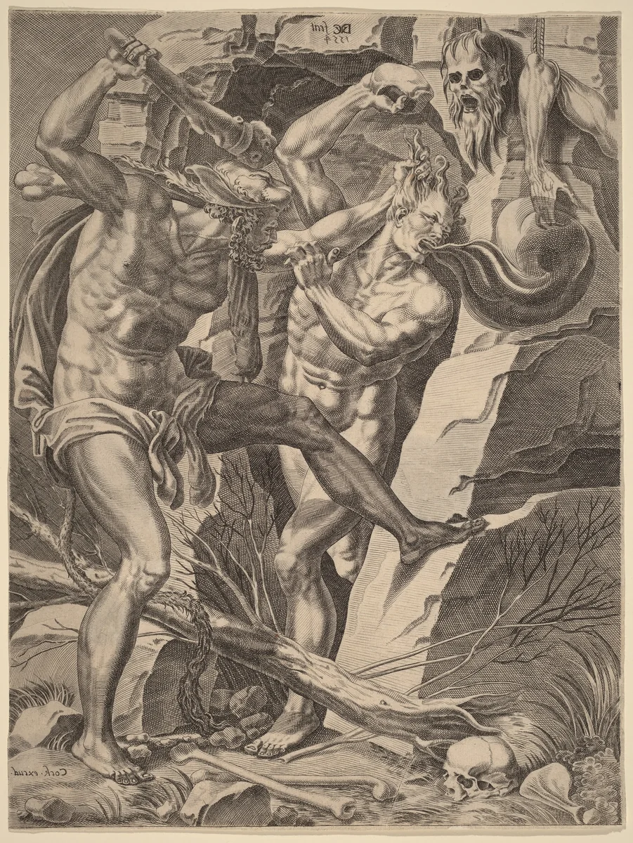 Hercules Killing Cacus by Dirck Volckertz Coornhert; Hieronymus Cock, print, 1554