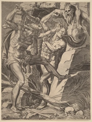 Hercules Killing Cacus by Dirck Volckertz Coornhert; Hieronymus Cock, print, 1554