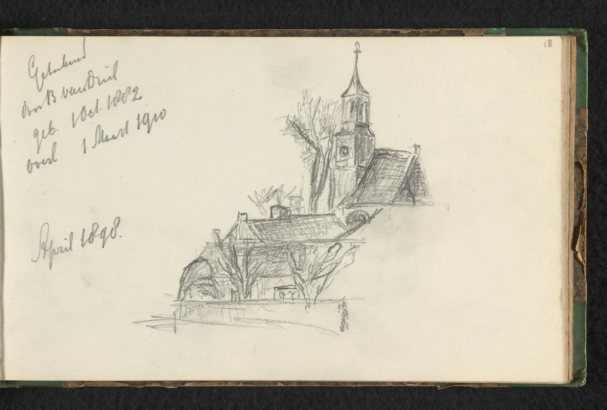 Gezicht op huizen en een kerktoren by Jan Bedijs Tom, drawing, 1823-1894