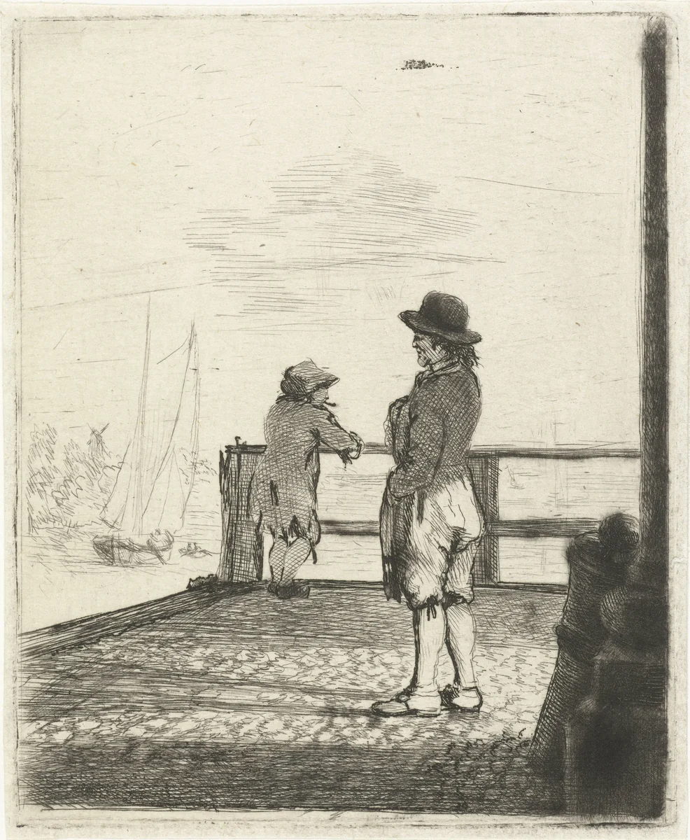 Twee matrozen wachten in de haven by Louis Bernard Coclers, print, 1756-1817