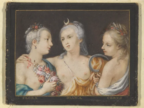 Heads of Goddesses (Flora, Diana, Ceres) by anonymous, drawing, 1595-1605