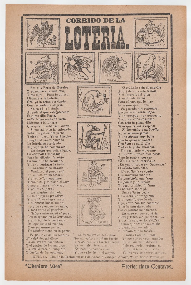 Broadsheet with a ballad about bingo, illustrations of different animals and people by José Guadalupe Posada, print, 1905-1915