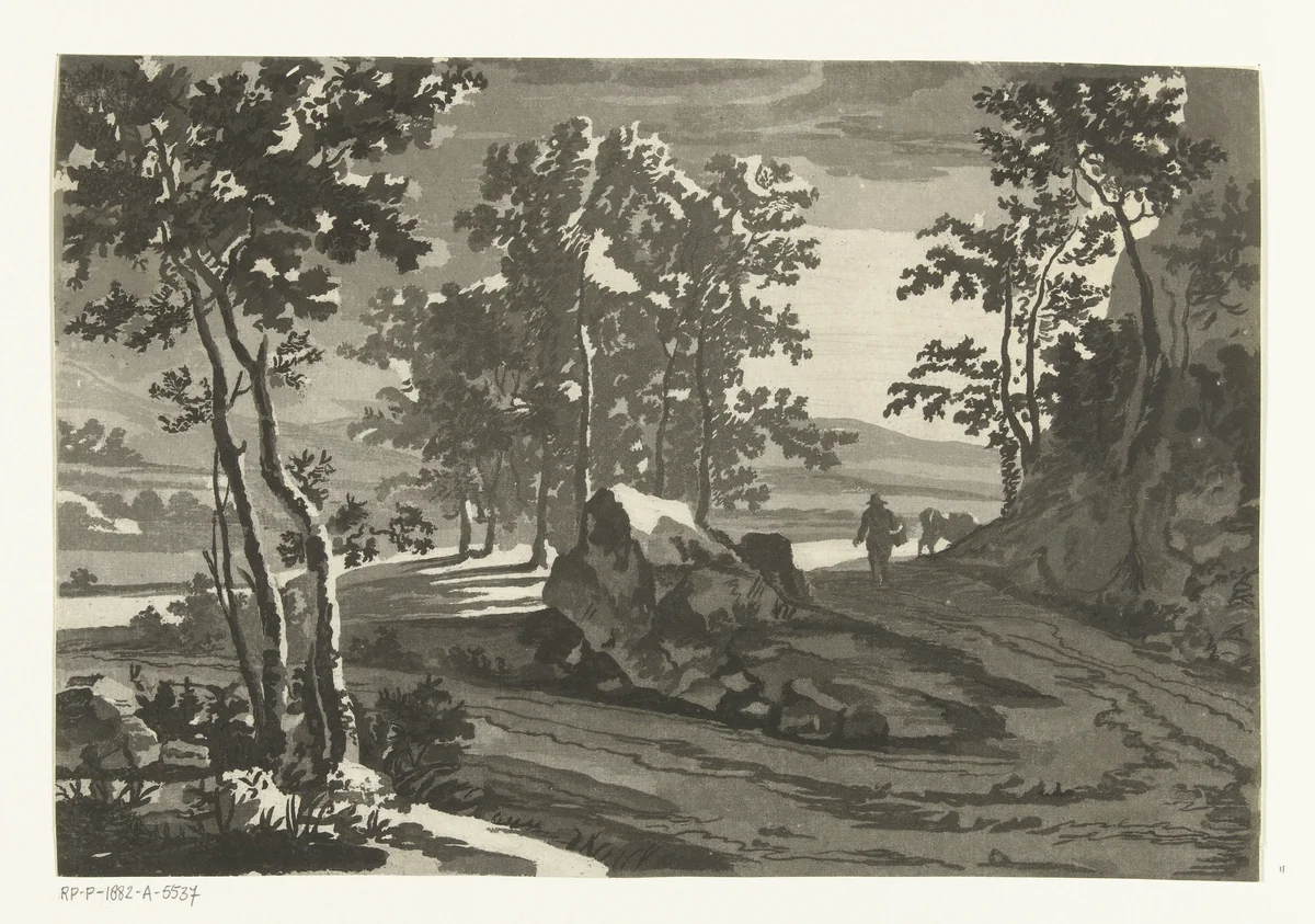Boomrijk landschap met veedrijver by Cornelis Brouwer, print, 1741-1803