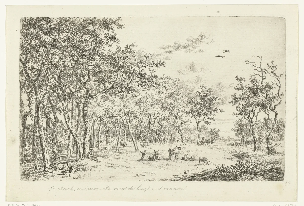 Landschap met een herder en zijn kudde aan de rand van het bos by Ernst Willem Jan Bagelaar, print, 1798-1821