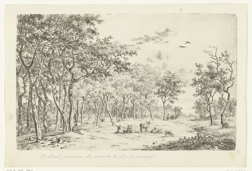 Landschap met een herder en zijn kudde aan de rand van het bos by Ernst Willem Jan Bagelaar, print, 1798-1821