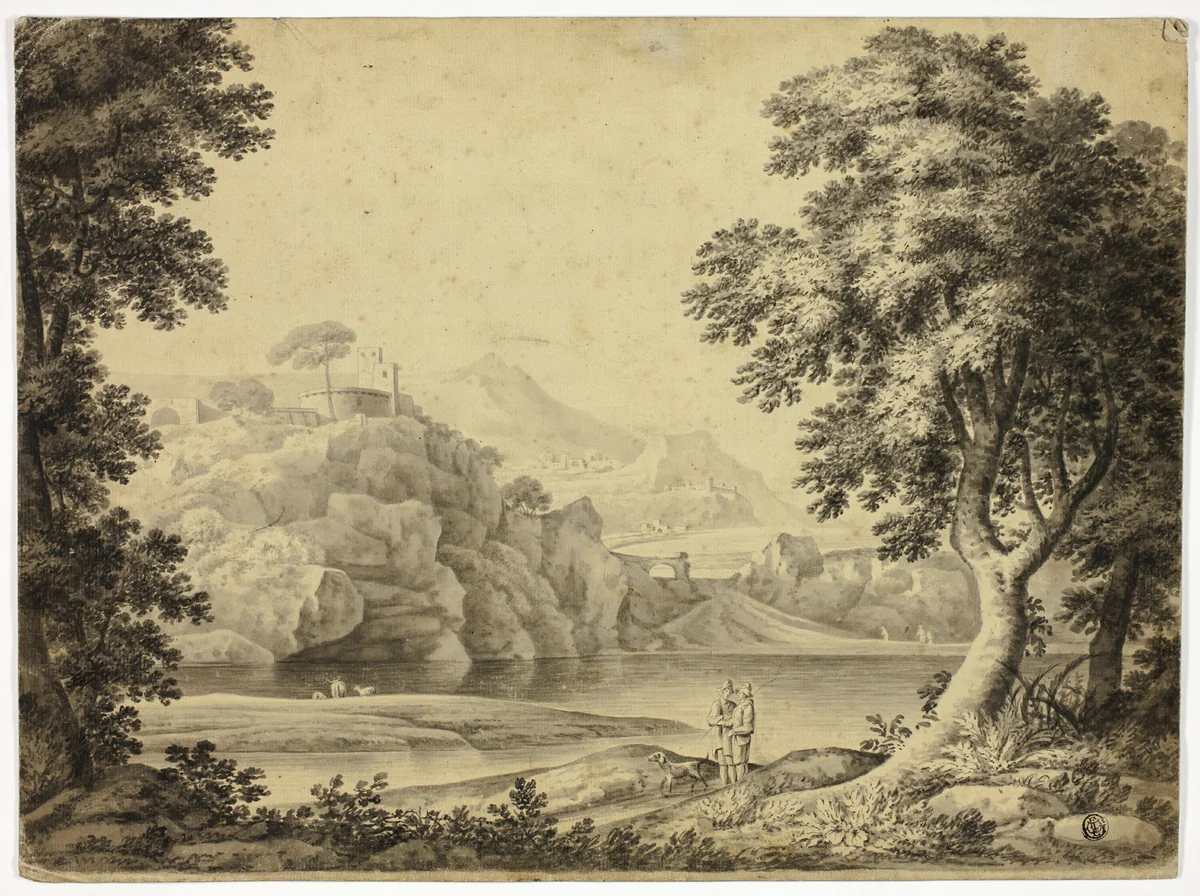 Italianate Landscape with Lake and Castle on Cliffs by Harriette Anne Seymour, drawing, 1820-1899