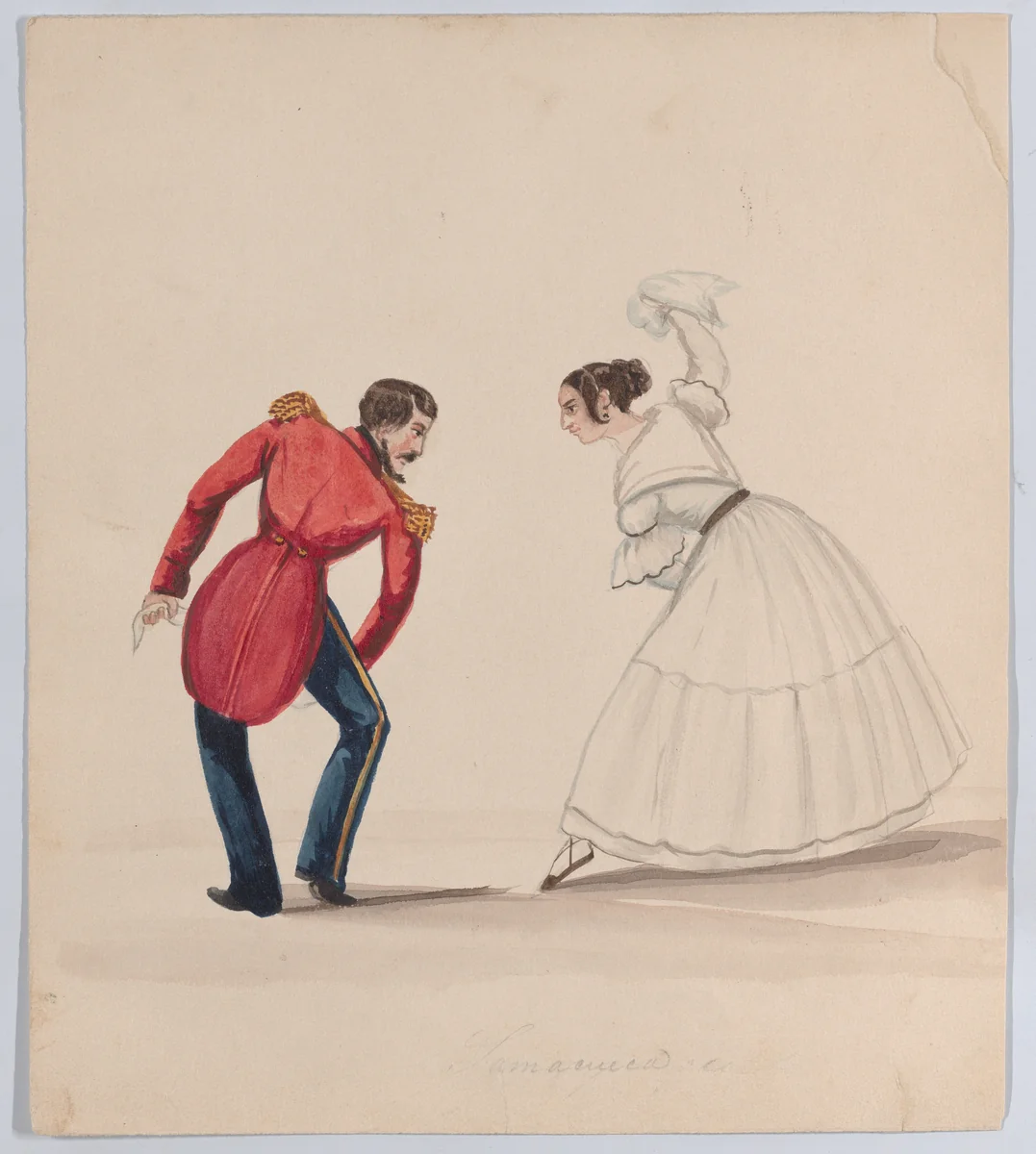 A man and woman dancing the Zamacueca, from a group of drawings depicting Peruvian dress by Francisco Fierro, drawing, 1843-1853