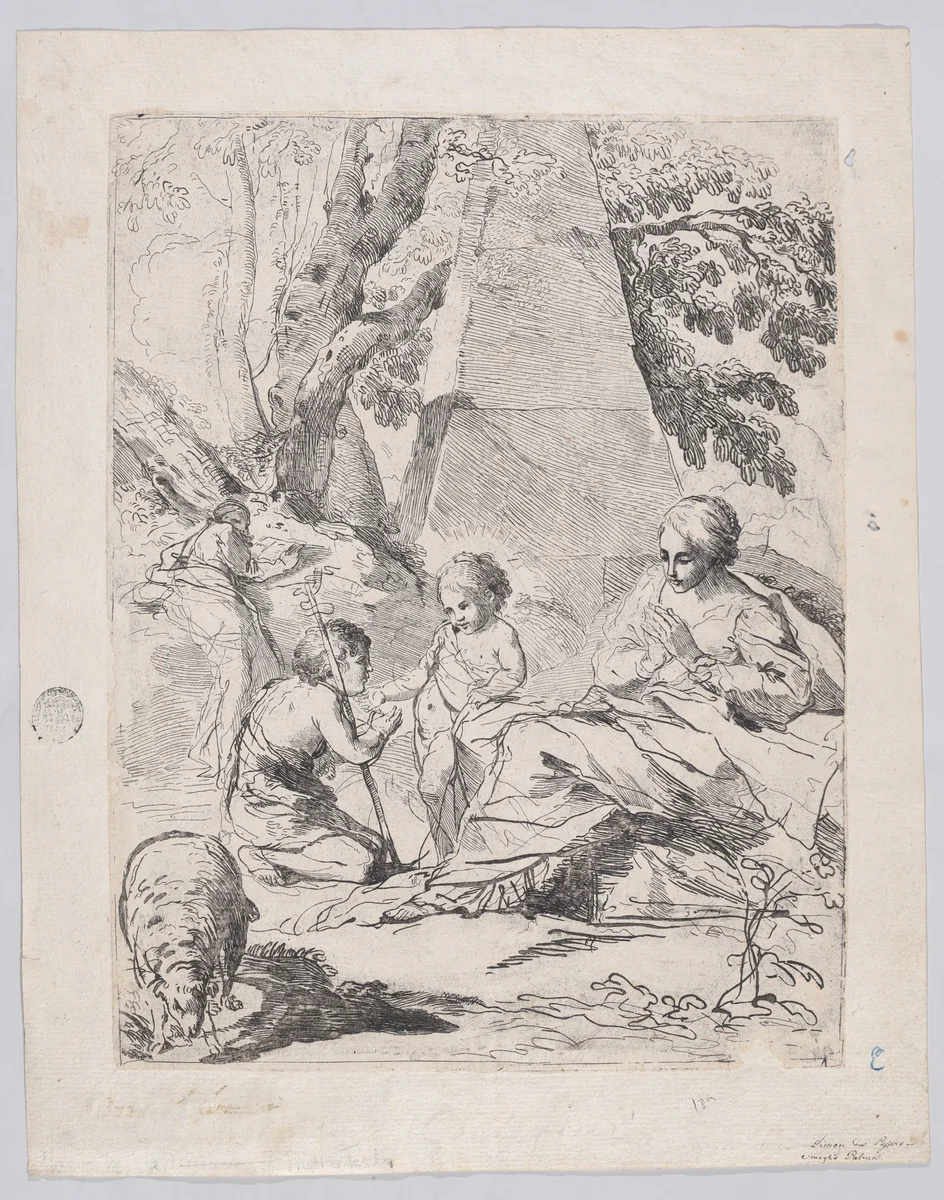The Virgin at the right with the Christ Child and St John the Baptist at left, a pyramid structure in the background by anonymous, print, 1700-1800