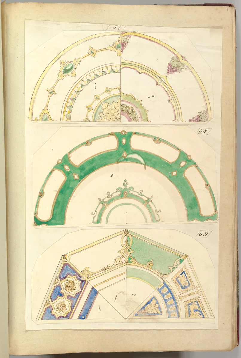 Seven Designs for Decorated Plates by Alfred Forrester, drawing, 1845-1855