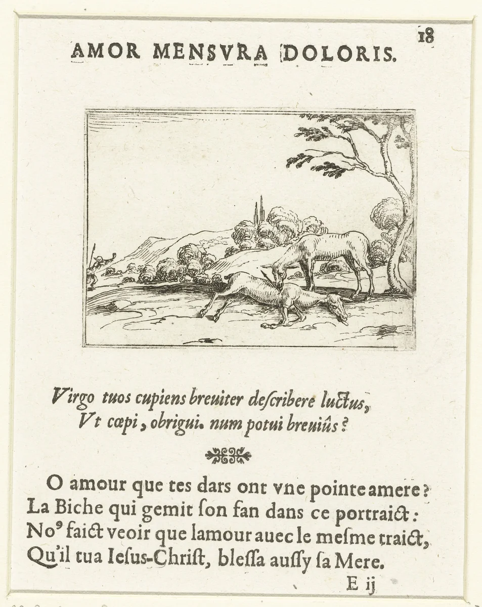Een hert likt de wond van een ander hert by Jacques Callot, print, 1625-1629