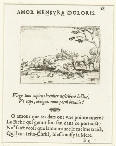 Een hert likt de wond van een ander hert by Jacques Callot, print, 1625-1629