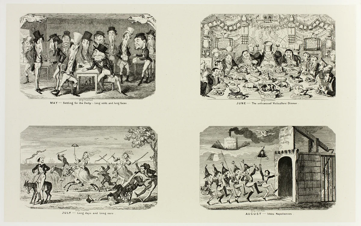 May - Settling for the Derby - Long Odds and Long Faces from George Cruikshank's Steel Etchings to The Comic Almanacks: 1835-1853 (top left) by George Cruikshank, print, 1841