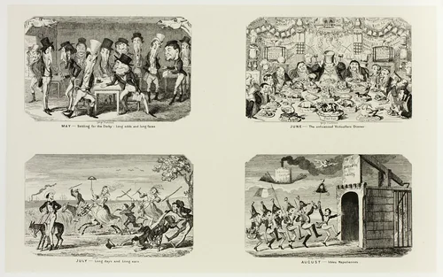 May - Settling for the Derby - Long Odds and Long Faces from George Cruikshank's Steel Etchings to The Comic Almanacks: 1835-1853 (top left) by George Cruikshank, print, 1841