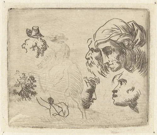 Studieblad met hoofden en ruiter by Karel du Jardin, print, 1652-1659