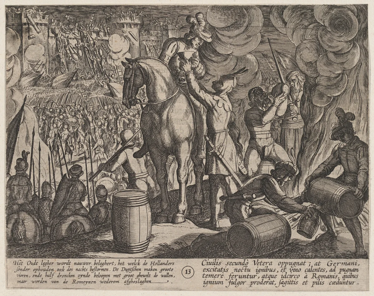 Plate 13: Attack on the Roman Fortress at Night, from The War of the Romans Against the Batavians (Romanorvm et Batavorvm societas) by Antonio Tempesta, print, 1611-1612