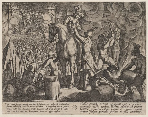 Plate 13: Attack on the Roman Fortress at Night, from The War of the Romans Against the Batavians (Romanorvm et Batavorvm societas) by Antonio Tempesta, print, 1611-1612