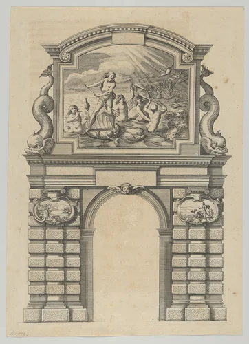 Triumphal arch, from 'Éloges et discours sur la triomphante réception du Roy en sa ville de Paris ...' by Jean-Baptiste de Machault by Melchior Tavernier, print, 1629