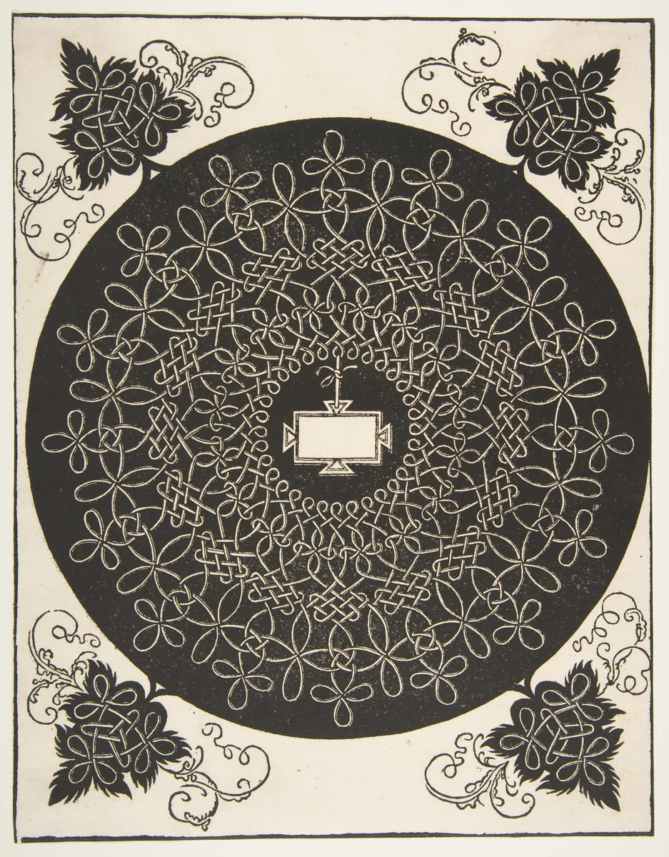 “The First Knot”. Interlaced Roundel with an Oblong Panel in its Center by Albrecht Dürer, print, 1500-1521