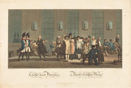 Caffeé des Patriotes - A Patriot's Coffée House by Jean-Baptiste Morret; Jacques-François-Joseph Swebach-Desfontaines, print, 1792