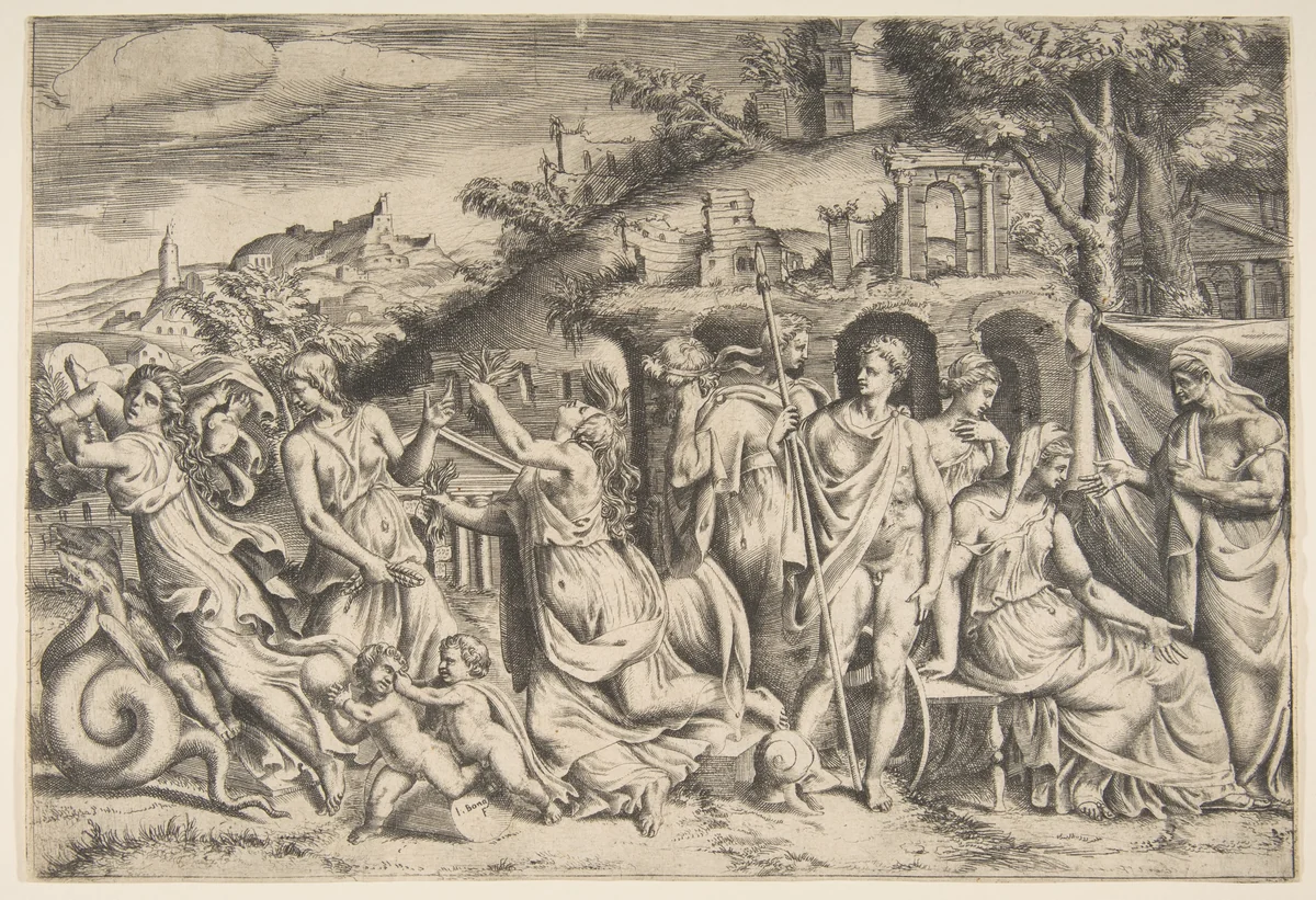 The story of Jason and Medea: at the left she carries off her son, in the middle she is shown in her madness, Jason stands at the right by Giulio Bonasone, print, 1531-1576