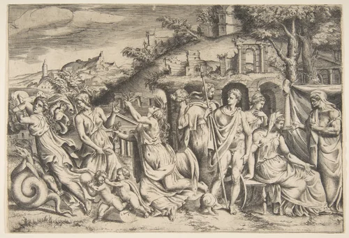 The story of Jason and Medea: at the left she carries off her son, in the middle she is shown in her madness, Jason stands at the right by Giulio Bonasone, print, 1531-1576
