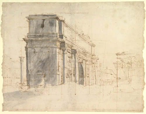 The Arch of Septimius Severus in the Roman Forum, with the Column of Phocas at the Left and the Temple of Saturn at the Right by Gaspar Adriaensz van Wittel, drawing, 1667-1736
